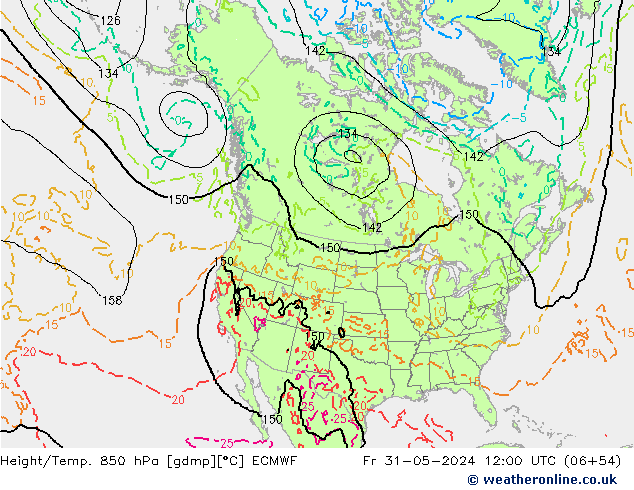 Hoogte/Temp. 850 hPa ECMWF vr 31.05.2024 12 UTC