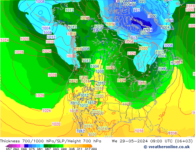 Thck 700-1000 hPa ECMWF mer 29.05.2024 09 UTC