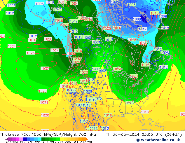 Thck 700-1000 гПа ECMWF чт 30.05.2024 03 UTC