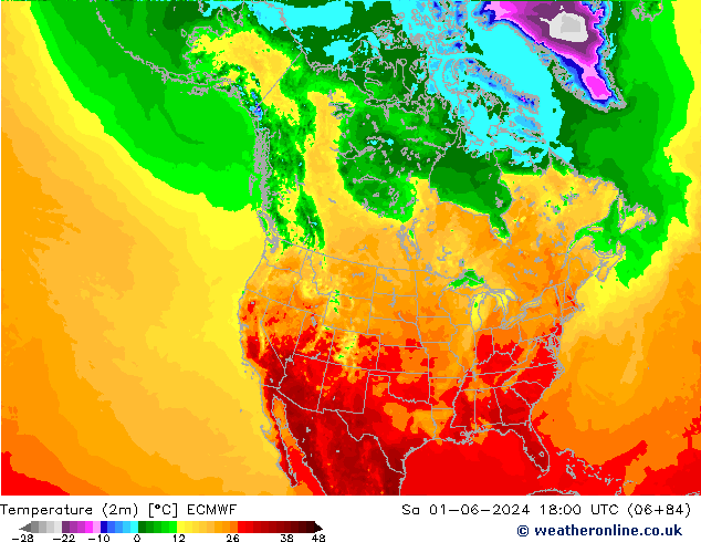 mapa temperatury (2m) ECMWF so. 01.06.2024 18 UTC