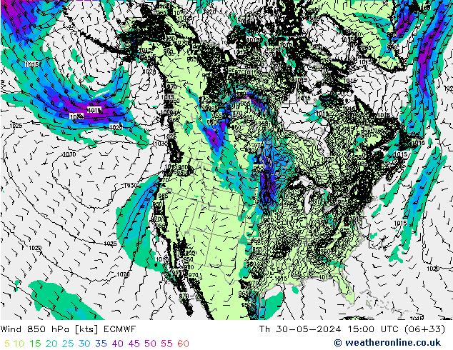 wiatr 850 hPa ECMWF czw. 30.05.2024 15 UTC