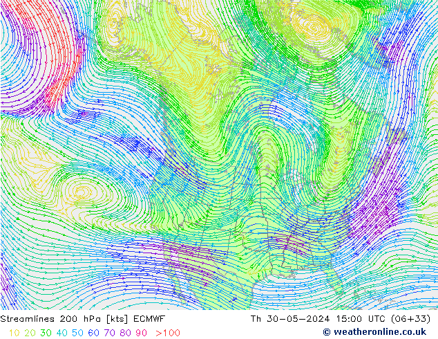 Línea de corriente 200 hPa ECMWF jue 30.05.2024 15 UTC