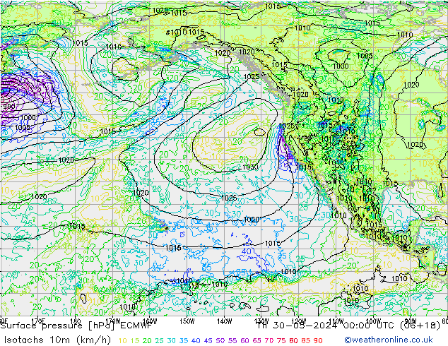 Isotachs (kph) ECMWF Th 30.05.2024 00 UTC