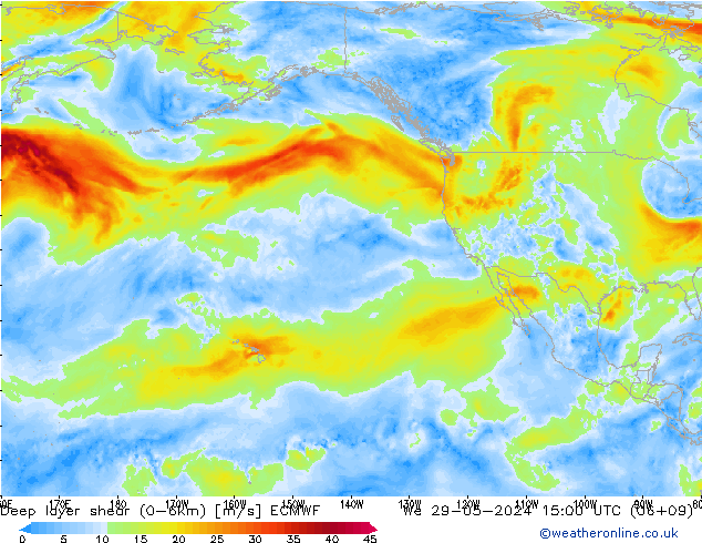 Deep layer shear (0-6km) ECMWF We 29.05.2024 15 UTC