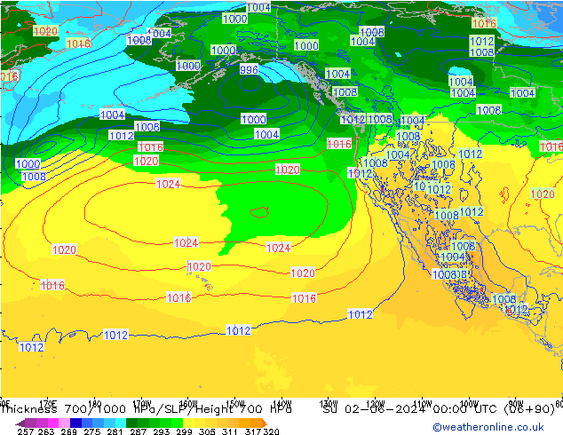 Espesor 700-1000 hPa ECMWF dom 02.06.2024 00 UTC