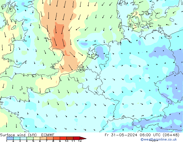 Bodenwind (bft) ECMWF Fr 31.05.2024 06 UTC