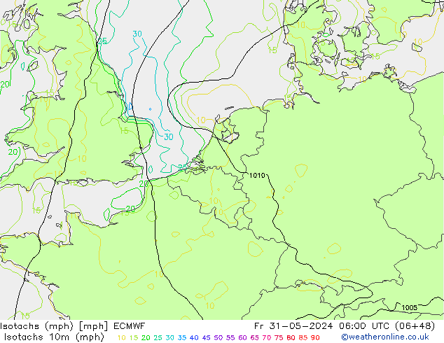 Isotachs (mph) ECMWF Fr 31.05.2024 06 UTC