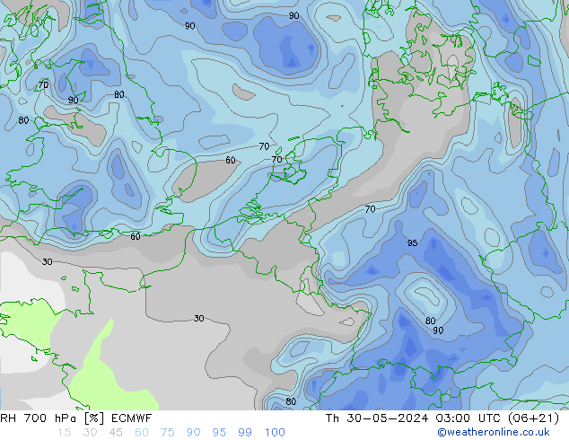 RH 700 гПа ECMWF чт 30.05.2024 03 UTC