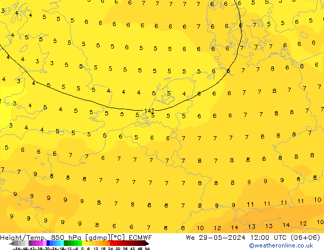 Z500/Rain (+SLP)/Z850 ECMWF Mi 29.05.2024 12 UTC