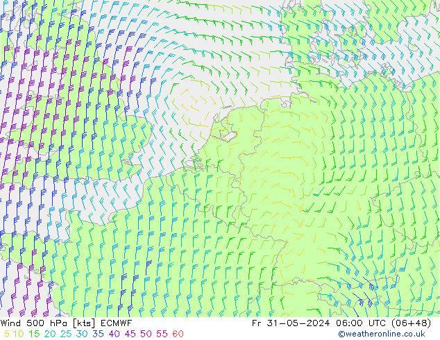 Rüzgar 500 hPa ECMWF Cu 31.05.2024 06 UTC