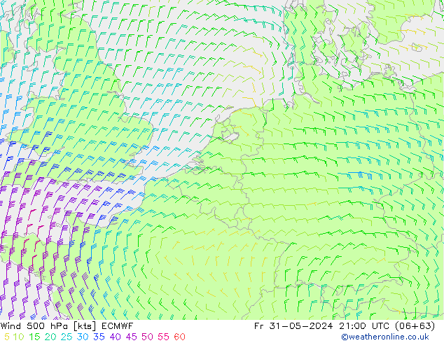 Vento 500 hPa ECMWF ven 31.05.2024 21 UTC