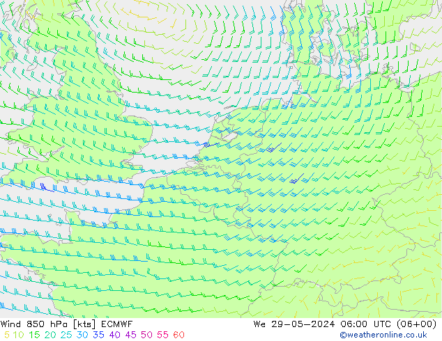 wiatr 850 hPa ECMWF śro. 29.05.2024 06 UTC