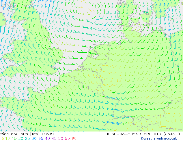 Wind 850 hPa ECMWF Čt 30.05.2024 03 UTC