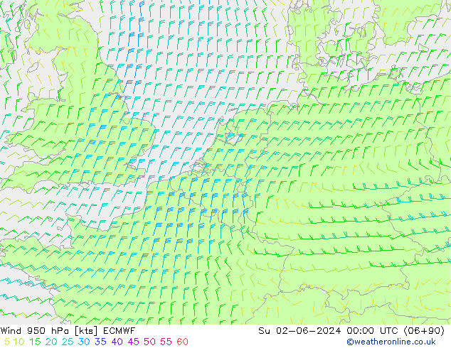 Wind 950 hPa ECMWF zo 02.06.2024 00 UTC