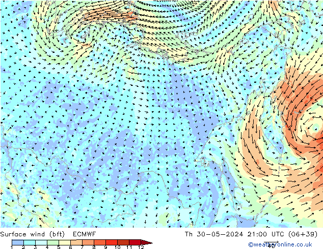 Surface wind (bft) ECMWF Th 30.05.2024 21 UTC