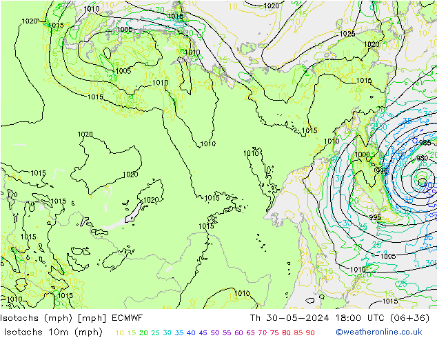 Isotachs (mph) ECMWF Čt 30.05.2024 18 UTC