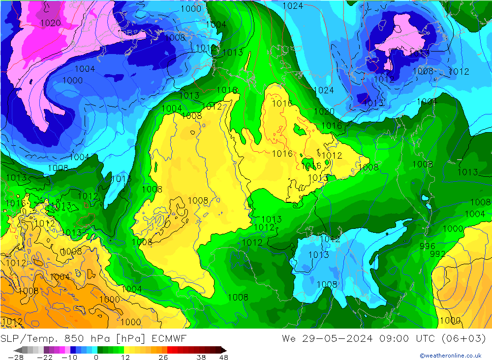 SLP/Temp. 850 hPa ECMWF śro. 29.05.2024 09 UTC