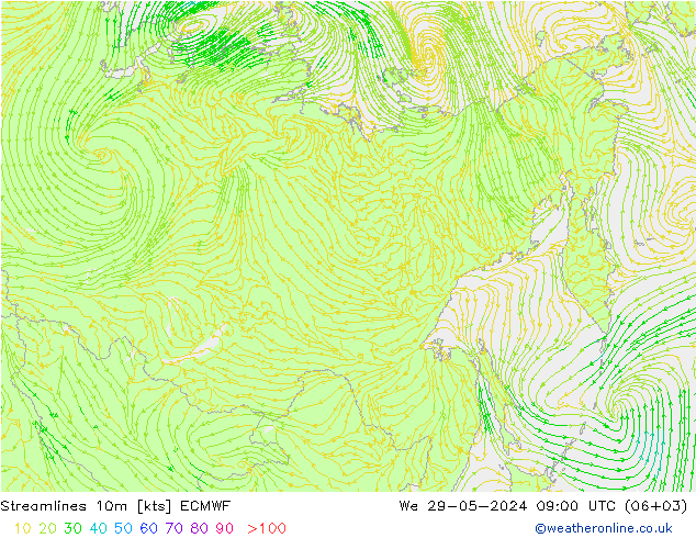 Linia prądu 10m ECMWF śro. 29.05.2024 09 UTC