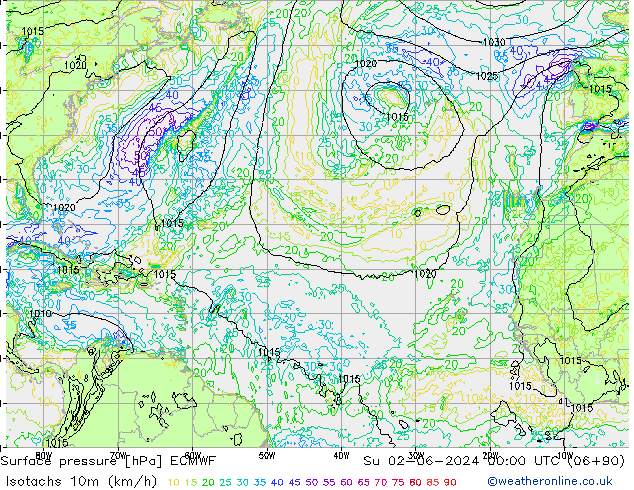 Isotachs (kph) ECMWF dim 02.06.2024 00 UTC