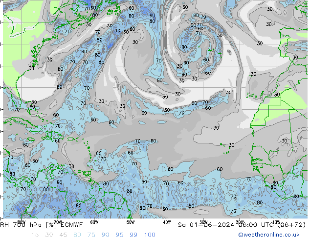 RH 700 hPa ECMWF So 01.06.2024 06 UTC