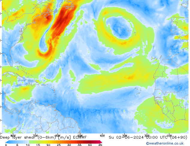 Deep layer shear (0-6km) ECMWF  02.06.2024 00 UTC