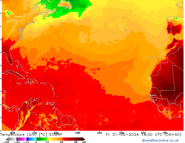 mapa temperatury (2m) ECMWF pt. 31.05.2024 18 UTC