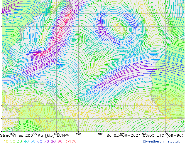 Streamlines 200 hPa ECMWF Ne 02.06.2024 00 UTC