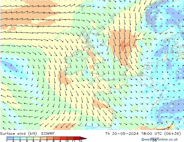 Surface wind (bft) ECMWF Čt 30.05.2024 18 UTC