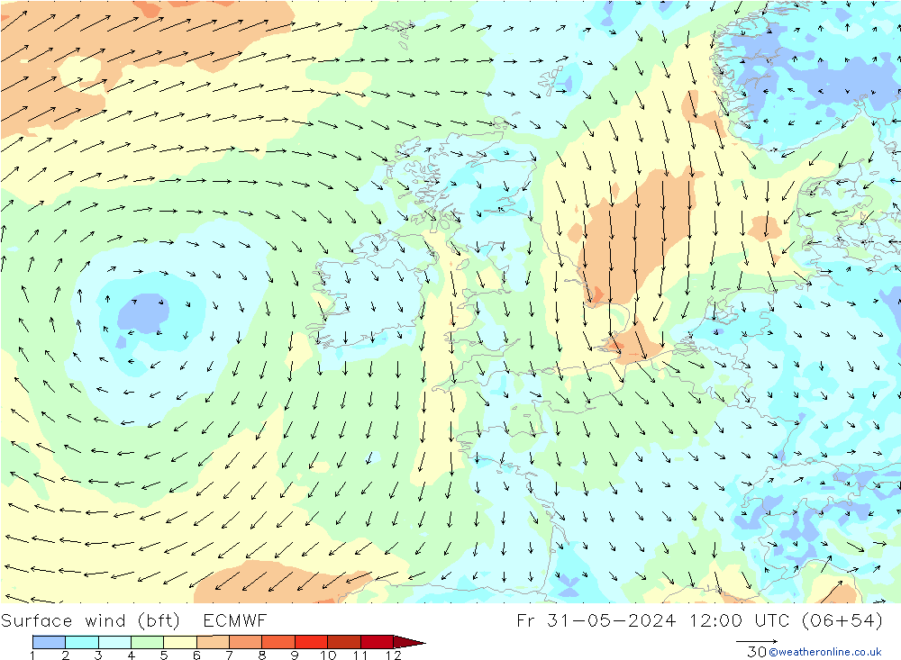 Vento 10 m (bft) ECMWF Sex 31.05.2024 12 UTC