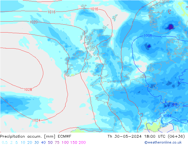 Precipitation accum. ECMWF Čt 30.05.2024 18 UTC