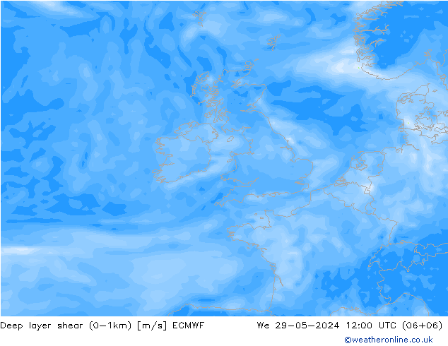 Deep layer shear (0-1km) ECMWF wo 29.05.2024 12 UTC