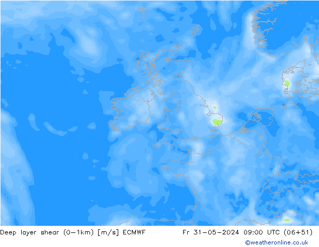 Deep layer shear (0-1km) ECMWF Fr 31.05.2024 09 UTC