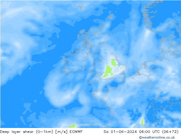 Deep layer shear (0-1km) ECMWF Sa 01.06.2024 06 UTC