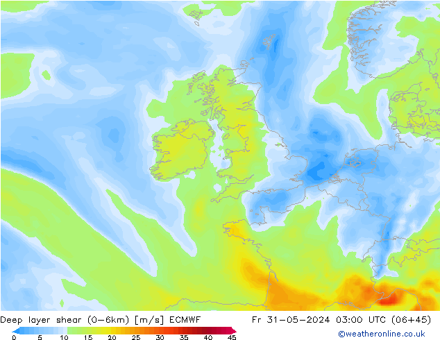 Deep layer shear (0-6km) ECMWF pt. 31.05.2024 03 UTC