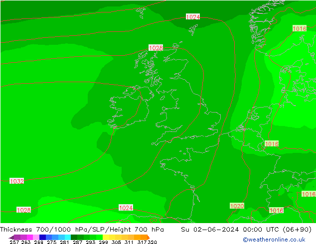 Thck 700-1000 hPa ECMWF nie. 02.06.2024 00 UTC