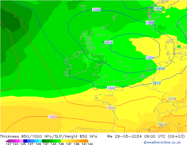 Thck 850-1000 hPa ECMWF We 29.05.2024 09 UTC