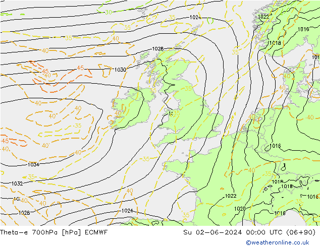 Theta-e 700hPa ECMWF Paz 02.06.2024 00 UTC