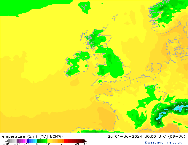 mapa temperatury (2m) ECMWF so. 01.06.2024 00 UTC