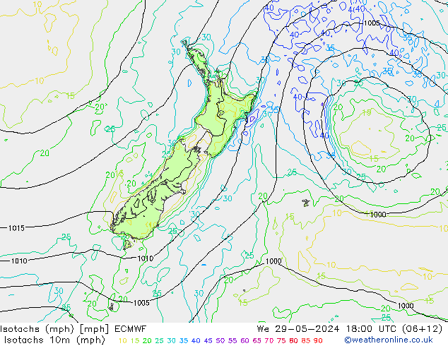 Izotacha (mph) ECMWF śro. 29.05.2024 18 UTC