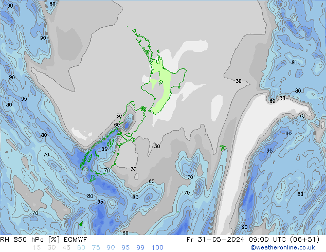 Humidité rel. 850 hPa ECMWF ven 31.05.2024 09 UTC