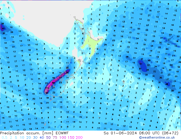 Precipitation accum. ECMWF Sa 01.06.2024 06 UTC