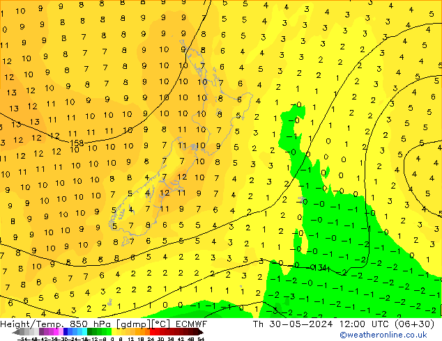 Z500/Rain (+SLP)/Z850 ECMWF gio 30.05.2024 12 UTC