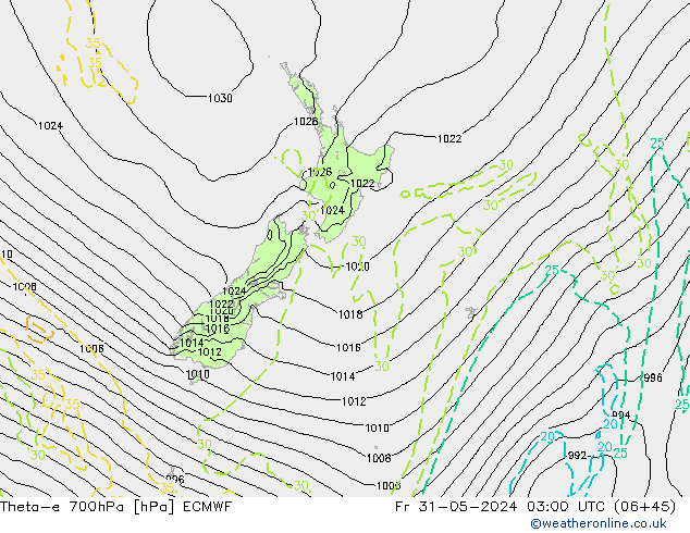 Theta-e 700hPa ECMWF Pá 31.05.2024 03 UTC