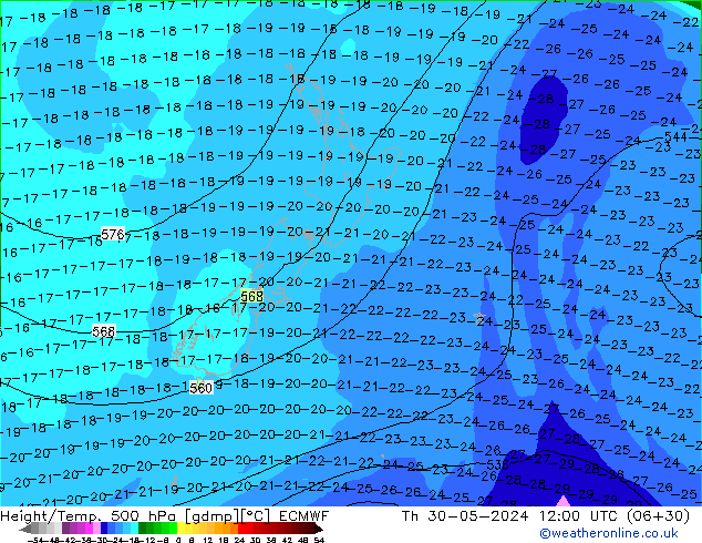 Z500/Rain (+SLP)/Z850 ECMWF gio 30.05.2024 12 UTC