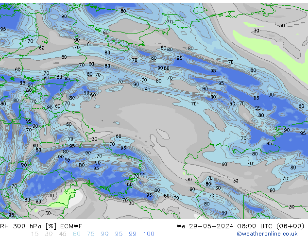 RH 300 hPa ECMWF śro. 29.05.2024 06 UTC