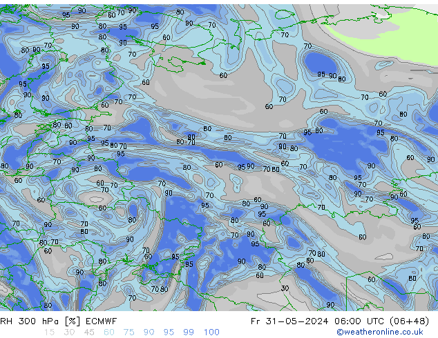 RH 300 hPa ECMWF Pá 31.05.2024 06 UTC