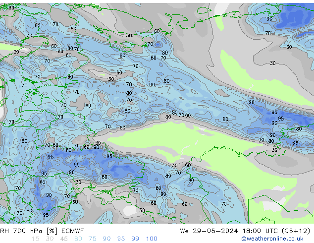 RH 700 hPa ECMWF śro. 29.05.2024 18 UTC