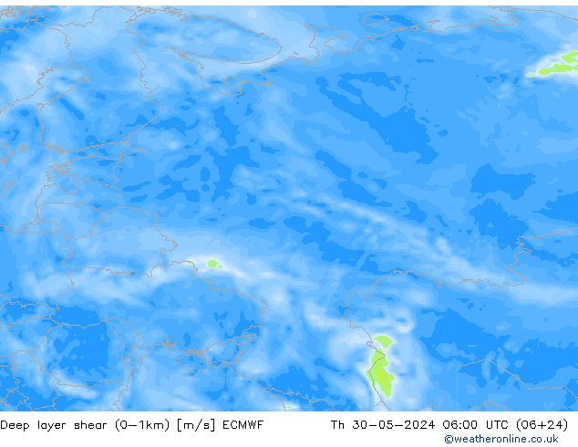 Deep layer shear (0-1km) ECMWF gio 30.05.2024 06 UTC