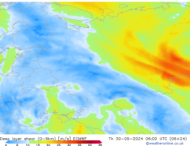 Deep layer shear (0-6km) ECMWF do 30.05.2024 06 UTC