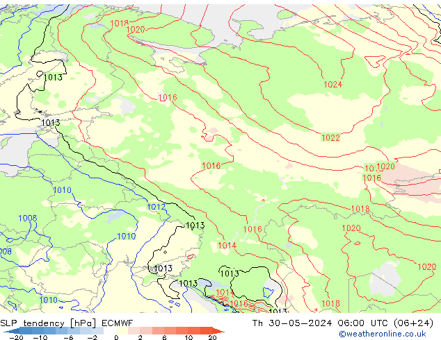 Druktendens (+/-) ECMWF do 30.05.2024 06 UTC